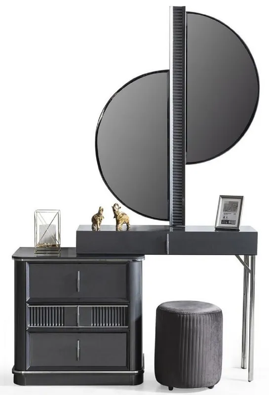 Knallerangebot Casa Padrino set di camera da letto di lusso grigio / argento - 1 Tavola da Trucco con Specchio e 1 Sgabello - Mobili da camera di lusso