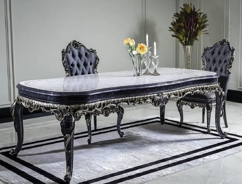 Neue Kollektion Casa Padrino tavolo da pranzo barocco di lusso bianco / blu / oro - Tavolo da pranzo in legno massello fatto a mano - Mobili da pranzo in stile barocco - Nobile e Magnifico