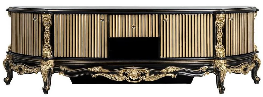 Casa Padrino armadio TV barocco di lusso nero / oro - Magnifico credenza in legno massello con 4 ante e cassetto - Mobile da soggiorno barocco Schneller Versand