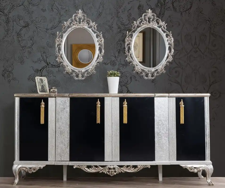 Casa Padrino set di mobili barocchi di lusso argento / nero / oro - 1 Credenza con 4 Ante e 2 Specchi - Mobili barocchi nobili - Nobili e Magnifico Neue Ware