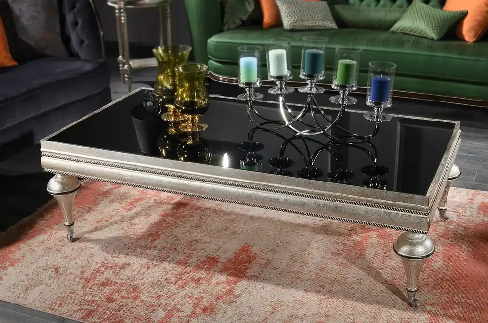 Casa Padrino tavolo soggiorno barocco di lusso nero / argento - Magnifico tavolo da salotto in legno massello con piano in vetro - Mobili da soggiorno barocco Begrenztes Angebot