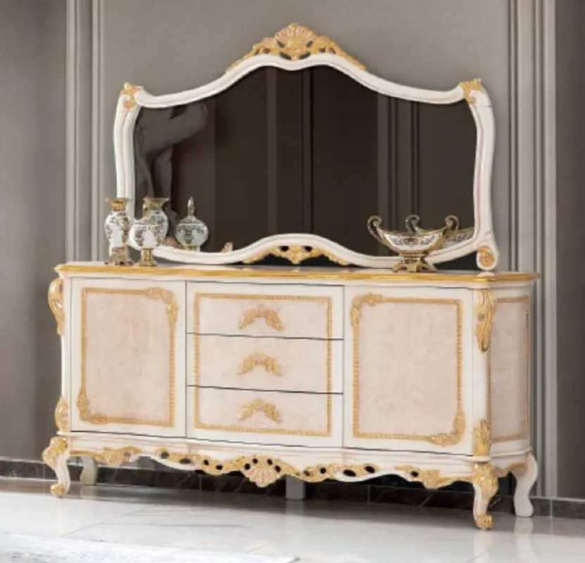 Casa Padrino set di mobili barocco di lusso credenza con specchio beige / bianco / oro - Magnifico mobile in legno massello con elegante specchio a parete - Mobili in stile barocco Versand Am Gleichen Tag