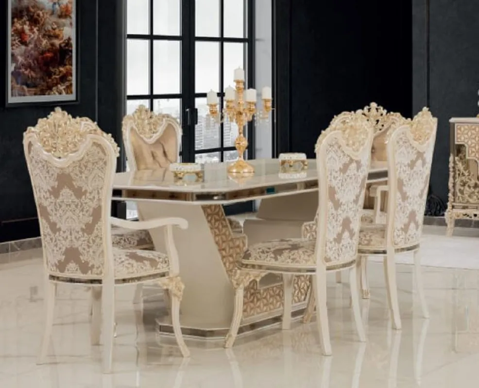 Garantierte Lieferung Casa Padrino set da sala da pranzo barocco di lusso bianco / oro - 1 Tavolo da Pranzo e 8 Sedie da Pranzo - Mobili per sala da pranzo in stile barocco - Nobile e Magnifico