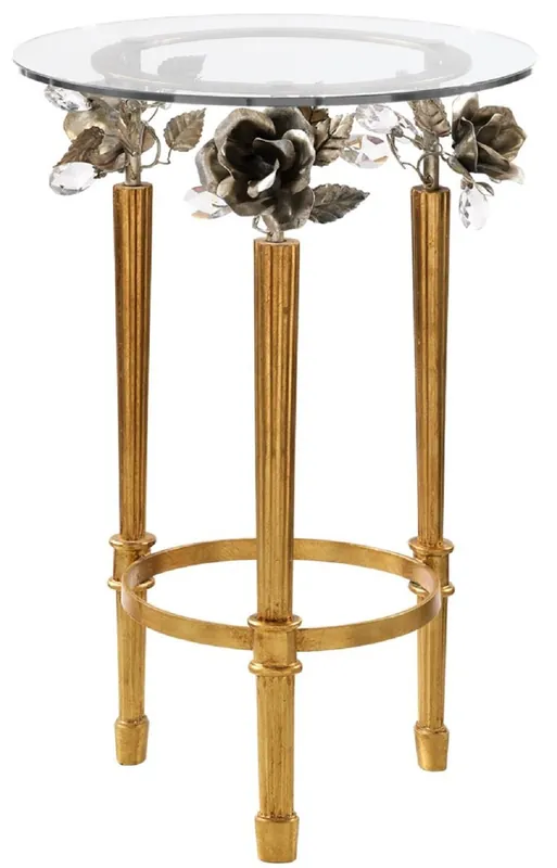 Abverkauf Casa Padrino tavolino Art Nouveau di lusso oro Ø 46 x A. 70 cm - Tavolo rotondo con piano in vetro decorativo rose e cristalli Swarovski - Mobili Soggiorno Barocco e Art Nouveau