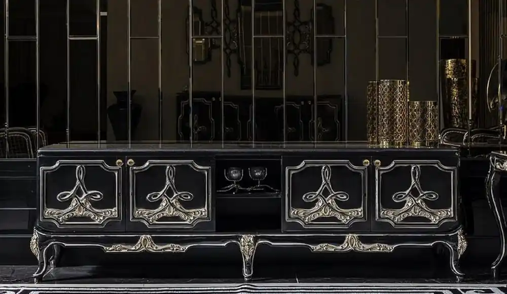 Top-Seller Casa Padrino armadio TV barocco di lusso nero / oro - Magnifico credenza da soggiorno con 4 ante - Mobili da soggiorno in stile barocco