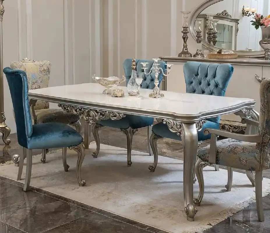 Casa Padrino tavolo da pranzo barocco di lusso bianco / argento - Tavolo da cucina in legno massello in stile barocco - Mobili sala da pranzo barocco Ausverkauf