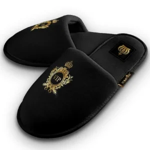 Ausverkauf Pompöös di Casa Padrino Pantofole da Hotel VIP da Uomo di Lusso con Corona Nero / Oro - Disegnate da Harald Glööckler