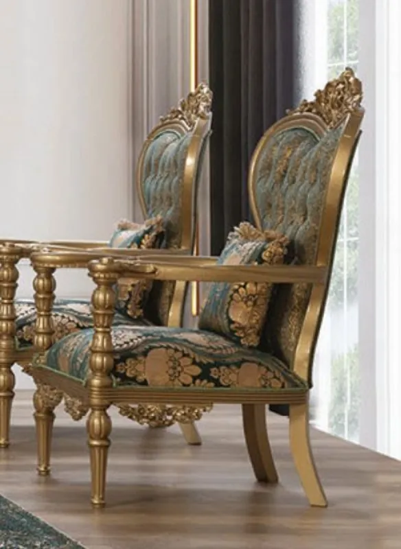 Neuheit Casa Padrino poltrona barocco di lusso verde / oro - Magnifico poltrona da soggiorno con motivo elegante e cuscino decorativo - Mobili da soggiorno in stile barocco