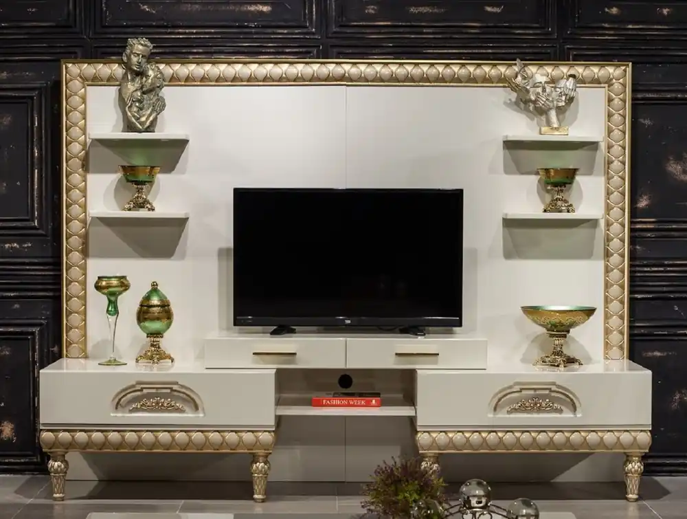 Top-Preis Casa Padrino armadio TV barocco di lusso bianco / oro - Magnifico credenza da soggiorno con parete di fondo - Mobili da soggiorno in stile barocco