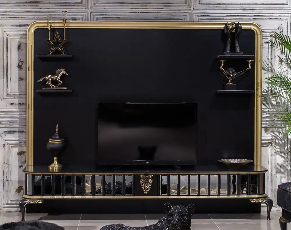 Wochenendangebot Casa Padrino armadio TV barocco di lusso nero / oro - Magnifico credenza da soggiorno con parete di fondo - Mobili da soggiorno in stile barocco