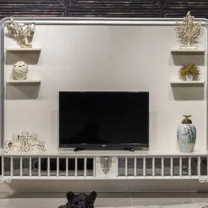 Abverkauf Casa Padrino armadio TV barocco di lusso bianco / argento - Magnifico credenza da soggiorno con parete di fondo - Mobili da soggiorno in stile barocco