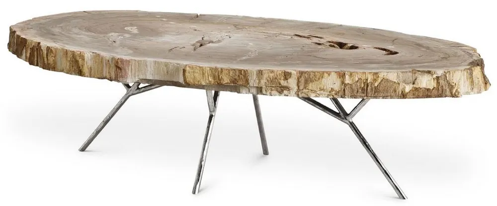 Schneller Versand Casa Padrino tavolo da salotto di lusso naturale / argento 115 x 68 x A. 35 cm - Tavolo da soggiorno con piano in legno pietrificato e gambe in acciaio inossidabile - Mobili da soggiorno di lusso