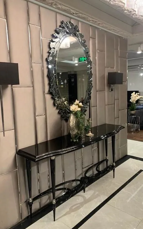 Casa Padrino consolle Art Déco di lusso con specchio da parete nero / argento - Consolle fatto a mano in legno massello con magnifico specchio - Mobili Art Déco di Lusso Preis Gesenkt