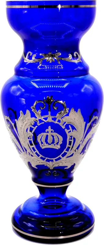 Kracherpreis Pompöös di Casa Padrino vaso di lusso con rivestimento in platino nobile blu / argento Ø 14 x A. 30,5 cm - Vaso per fiori Pompöös disegnato da Harald Glööckler