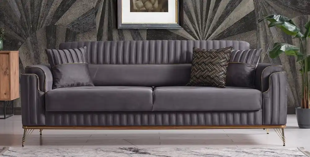 Geprüft Casa Padrino divano letto di lusso grigio scuro / marrone / oro 228 x 94 x A. 88 cm - Divano soggiorno con 3 cuscini - Mobili soggiorno di lusso