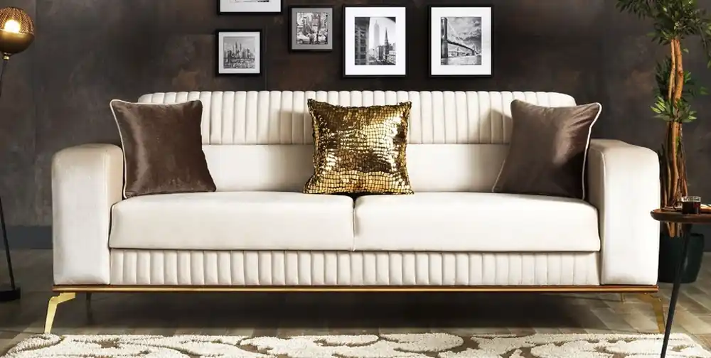 Jetzt Kaufen Casa Padrino divano letto di lusso crema / marrone / oro 225 x 92 x A. 83 cm - Divano soggiorno con 3 cuscini - Mobili soggiorno di lusso