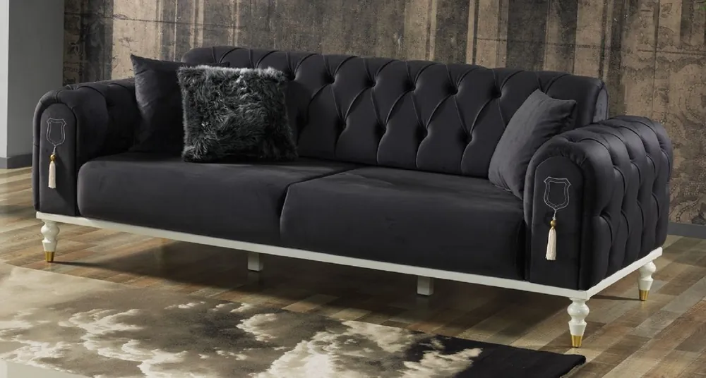 Top-Preis Casa Padrino divano letto Chesterfield di lusso grigio scuro / bianco / oro 230 x 95 x A. 83 cm - Divano soggiorno con 3 cuscini - Mobili soggiorno di lusso