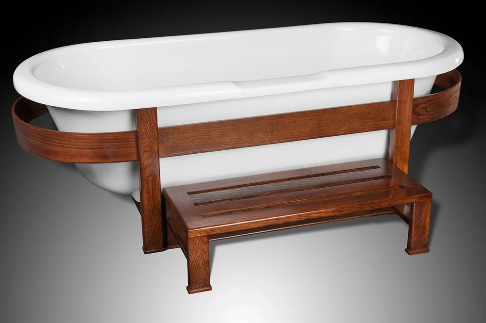 Top-Angebot Casa Padrino vasca da bagno retrò di lusso bianco / marrone scuro 178 x 76 x A. 73 cm - Vasca da bagno centro stanza con struttura in legno e gradino - Mobili bagno retrò