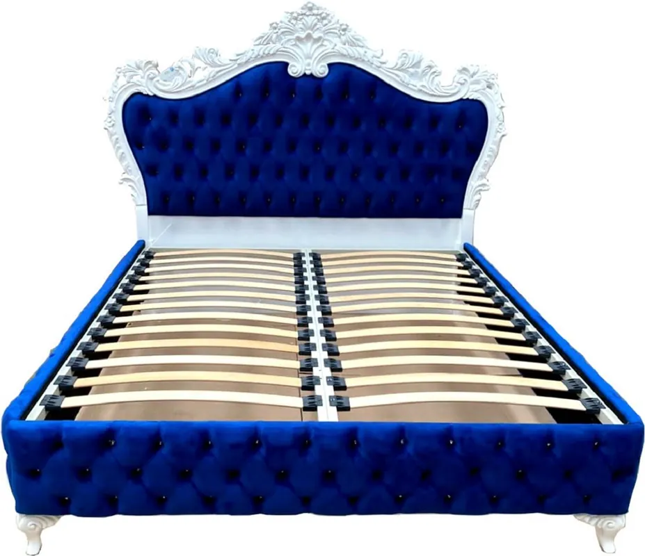 Casa Padrino letto matrimoniale barocco di lusso blu royal / bianco - Magnifico letto in legno massello con strass - Mobili per camera da letto barocchi Geprüft