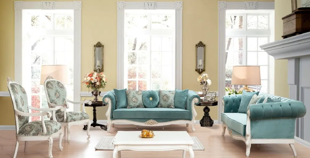 Abverkauf Casa Padrino set da soggiorno barocco di lusso turchese / verde / bianco - 2 Divani e 2 Poltrone con Motivo e 1 Tavolo da Salotto - Mobili da soggiorno in stile barocco - Nobile e Magnifico