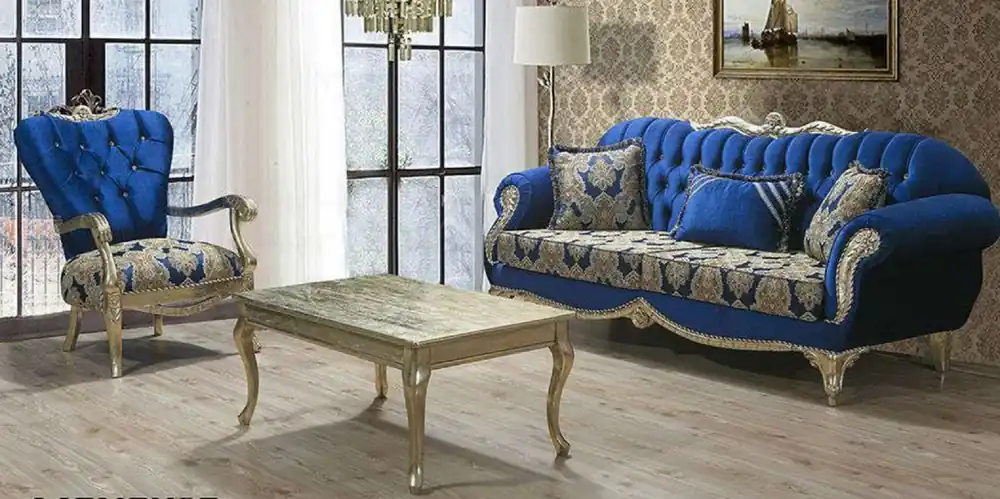 Mega-Angebot Casa Padrino set da soggiorno barocco di lusso blu / oro - 2 Divani con Motivo e 2 Poltrone con Motivo e 1 Tavolo da Salotto - Magnifico mobili da soggiorno barocchi