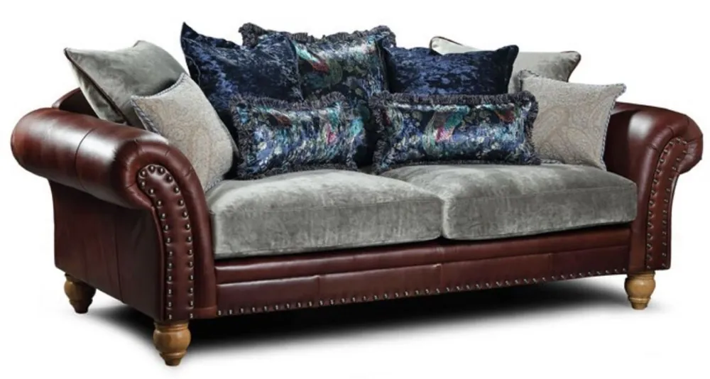 Expressversand Casa Padrino divano a 3 posti di lusso in pelle marrone scuro / grigio / marrone chiaro 230 x 105 x A. 100 cm - Divano in pelle da soggiorno - Mobile da soggiorno in vera pelle