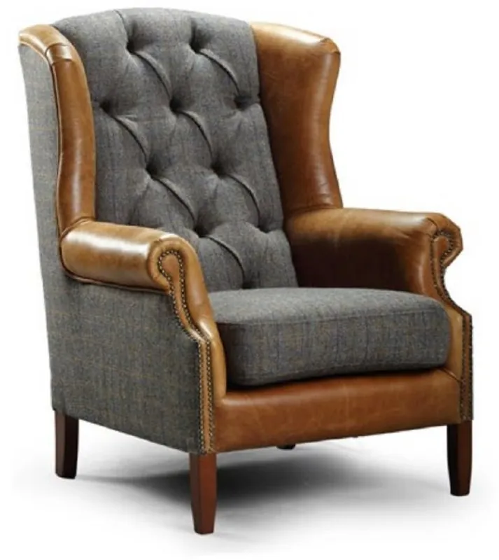 Casa Padrino poltrona a orecchioni grigio / marrone / marrone scuro 83 x 90 x A. 105 cm - Poltrona da soggiorno con vera pelle - Mobili da Soggiorno Chesterfield Direktkauf