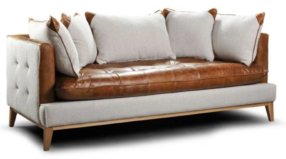 Casa Padrino divano a 3 posti Chesterfield di lusso marrone / bianco / naturale 215 x 95 x A. 85 cm - Divano soggiorno con vera pelle - Mobili da Soggiorno Chesterfield Neue Kollektion