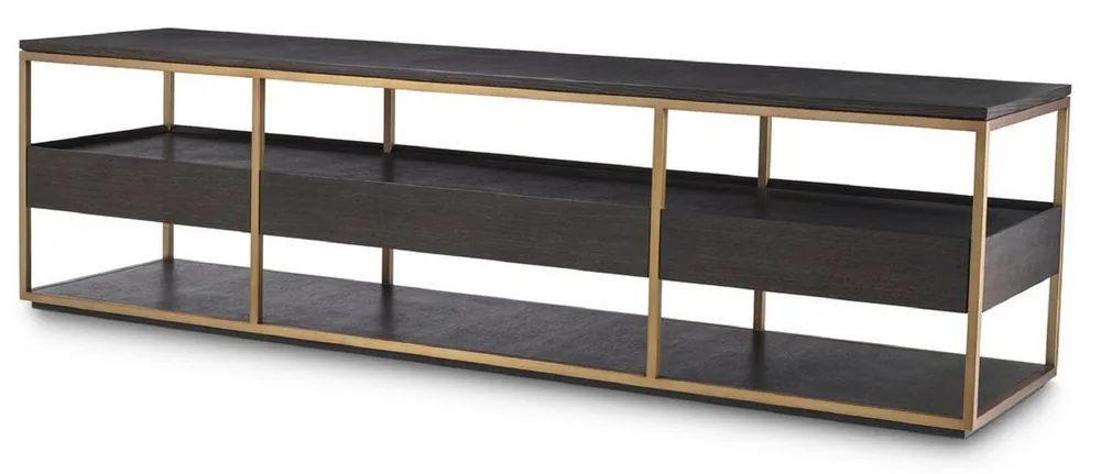 Casa Padrino armadio TV di lusso moka / ottone 220 x 55 x A. 61 cm - Credenza in legno massello con 3 cassetti - Mobile Soggiorno - Mobile Hotel - Collezione di Lusso Neue Kollektion