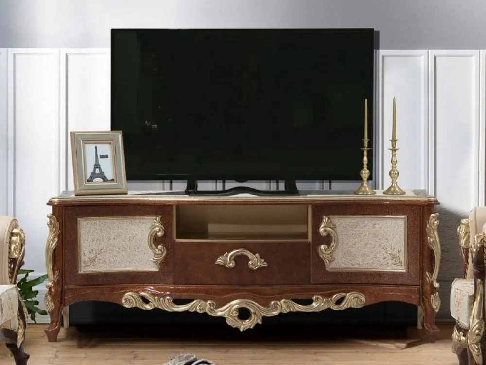 Casa Padrino armadio TV barocco di lusso marrone / oro - Credenza fatto a mano in legno massello con 2 ante e cassetto - Mobile da soggiorno barocco Billig