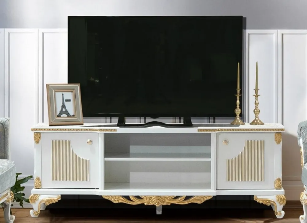 Casa Padrino armadio TV barocco di lusso bianco / oro - Credenza fatto a mano in legno massello con 2 ante - Mobile da soggiorno barocco Echt
