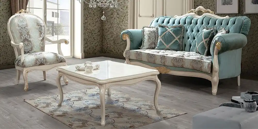 Casa Padrino set da soggiorno barocco di lusso turchese / marrone / crema / oro - 2 Divani con Motivo e 2 Poltrone con Motivo e 1 Tavolo da Salotto - Mobili da soggiorno in stile barocco Top-Angebot