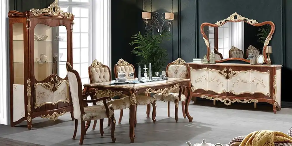 Casa Padrino set da pranzo barocco di lusso crema / marrone / oro - 1 Tavolo da Pranzo e 6 Sedie da Pranzo e 1 Vetrina e 1 Credenza con Specchio a Parete - Mobili per sala da pranzo barocco Neu Im Sortiment