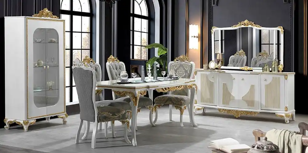 Casa Padrino set da pranzo barocco di lusso grigio / bianco / oro - 1 Tavolo da Pranzo e 6 Sedie da Pranzo e 1 Vetrina e 1 Credenza con Specchio a Parete - Mobili per sala da pranzo barocco Günstig