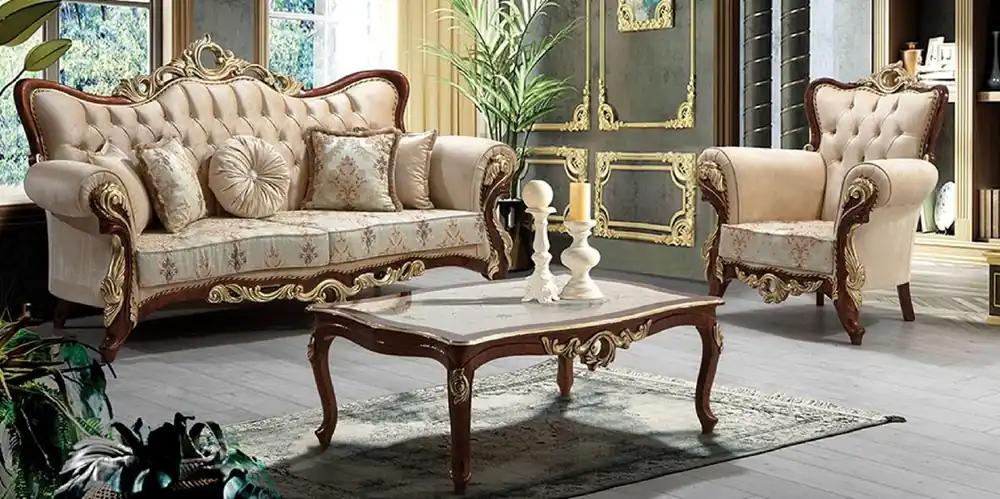 Casa Padrino set da soggiorno barocco di lusso beige / marrone / oro - 2 Divani con Motivo e 2 Poltrone con Motivo e 1 Tavolo da Salotto - Magnifico mobili da soggiorno barocchi Bestpreis