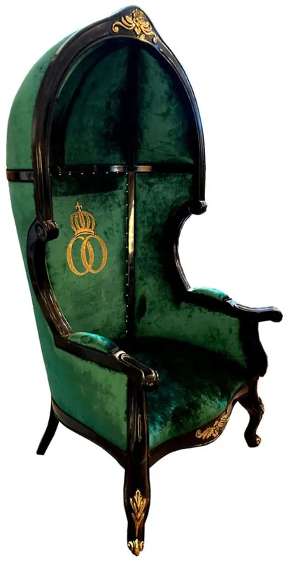 Pompöös di Casa Padrino poltrona barocca a palloncino di lusso verde scuro / nero / oro con strass - Poltrona barocca con cappuccio Pompööser di Harald Glööckler Must-Have