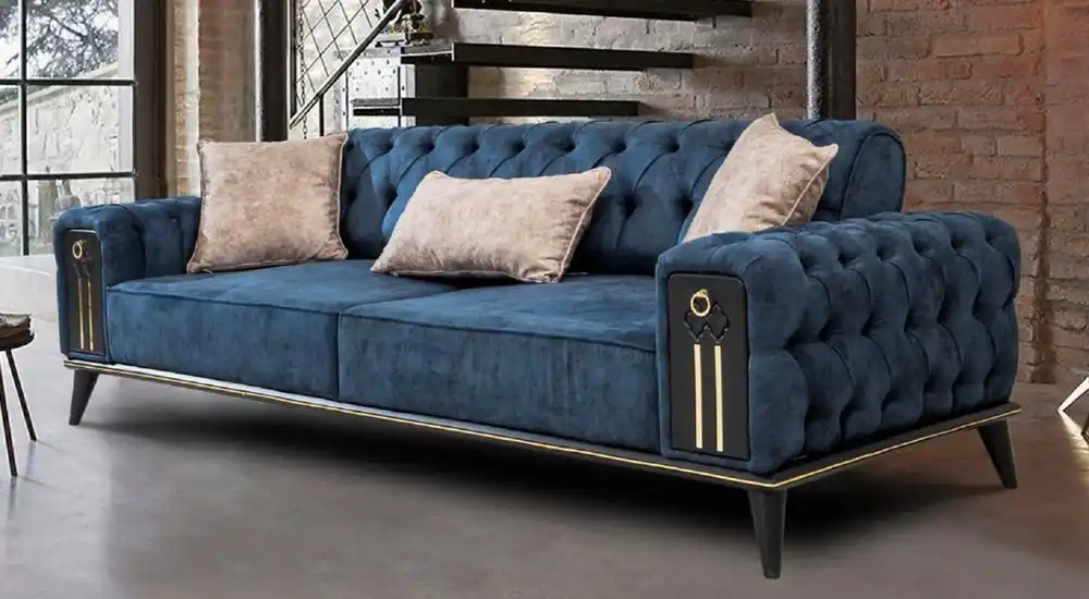 Casa Padrino divano letto Chesterfield di lusso blu / nero / oro 220 x 90 x A. 80 cm - Divano da soggiorno moderno - Mobili da Soggiorno Chesterfield Heißes Angebot