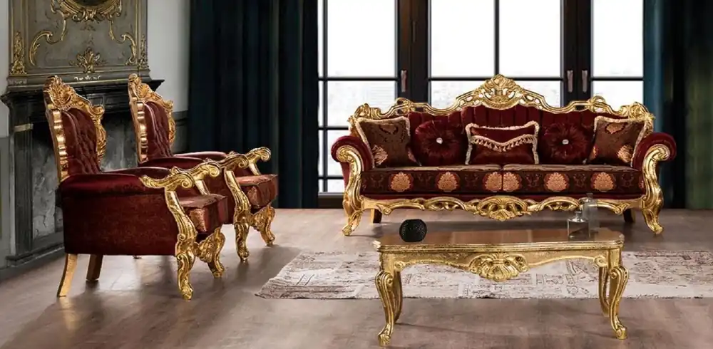 Casa Padrino set da soggiorno barocco di lusso bordeaux rosso / oro - 2 Divani con Motivo e 2 Poltrone con Motivo e 1 Tavolo da Salotto - Magnifico mobili da soggiorno barocchi Nur Für Kurze Zeit