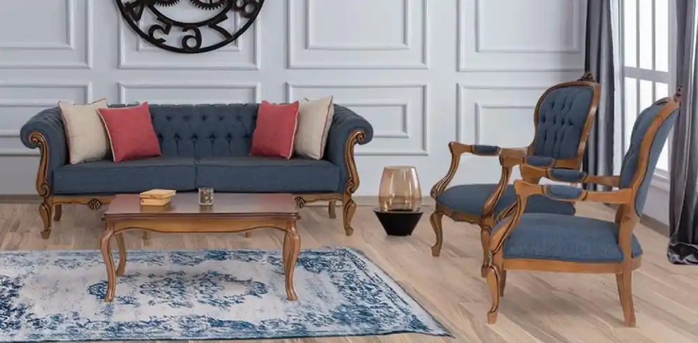 Solange Der Vorrat Reicht Casa Padrino set da soggiorno barocco di lusso blu / marrone - 2 Divani Barocchi e 2 Poltrone Barocche e 1 Tavolo da Salotto Barocco - Mobili soggiorno barocco