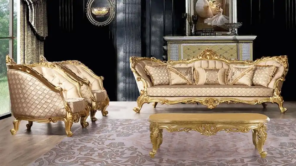 Casa Padrino set da soggiorno barocco di lusso oro - 2 Divani Barocco con Motivo e 2 Poltrone Barocco con Motivo e 1 Tavolo da Salotto Barocco - Magnifico mobili da soggiorno barocchi Zertifiziert