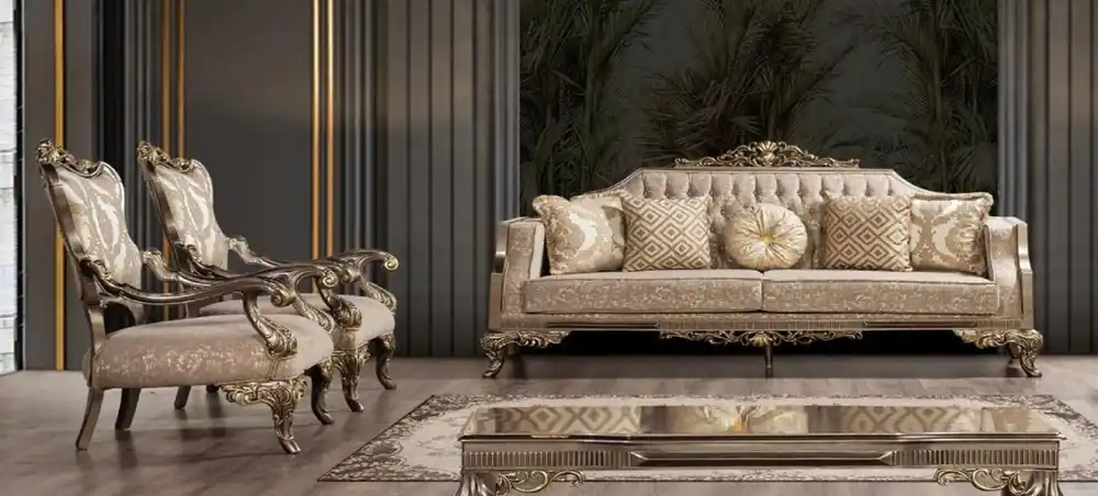Casa Padrino set da soggiorno barocco di lusso grigio / beige / argento / oro - 2 Divani Barocchi con Motivo e 2 Poltrone Barocche con Motivo e 1 Tavolo da Salotto Barocco - Mobili Barocco Expressversand