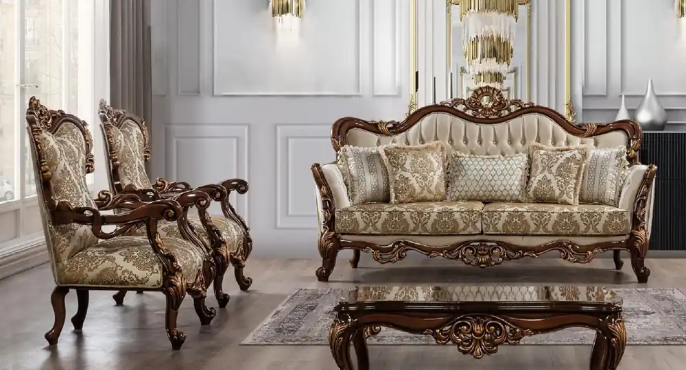 Top-Angebot Casa Padrino set da soggiorno barocco di lusso beige / marrone / rame - 2 Divani Barocchi con Motivo e 2 Poltrone Barocche con Motivo e 1 Tavolo da Salotto Barocco - Mobili soggiorno barocco