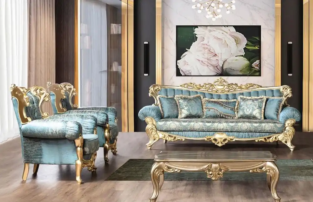 Casa Padrino set da soggiorno barocco di lusso turchese / oro - 2 Divani Barocchi con Motivo e 2 Poltrone Barocche con Motivo e 1 Tavolo da Salotto Barocco - Mobili Barocco Kracherpreis