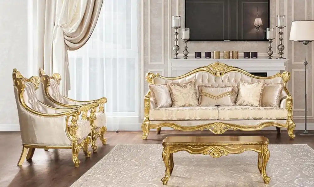 Casa Padrino set da soggiorno barocco di lusso beige / oro - 2 Divani Barocchi con Motivo e 2 Poltrone Barocche con Motivo e 1 Tavolo da Salotto Barocco - Mobili soggiorno barocco Beliebt