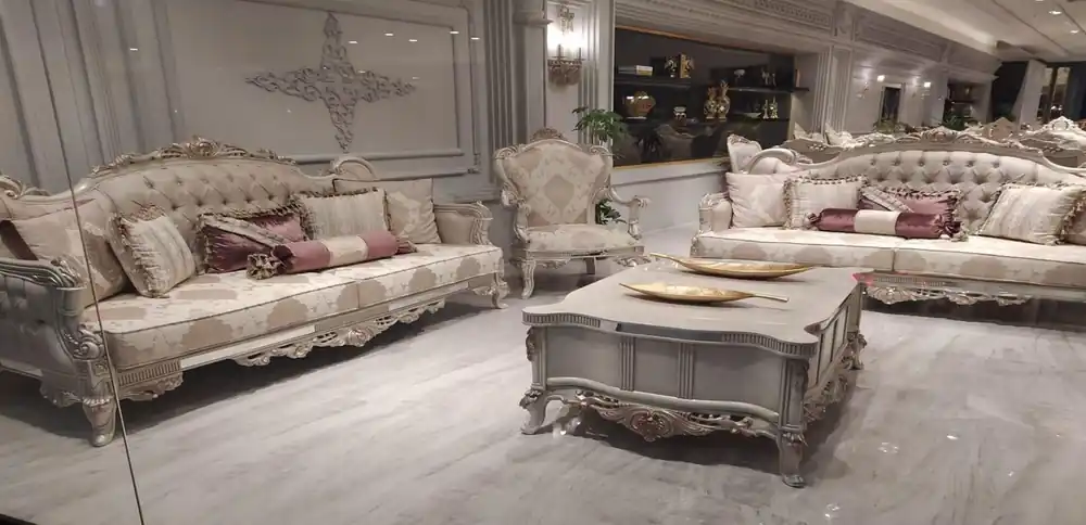 Schnäppchen Casa Padrino set da soggiorno barocco di lusso beige / grigio / rame - 2 Divani Barocchi con Motivo e 2 Poltrone Barocche con Motivo e 1 Tavolo da Salotto Barocco - Mobili soggiorno barocco