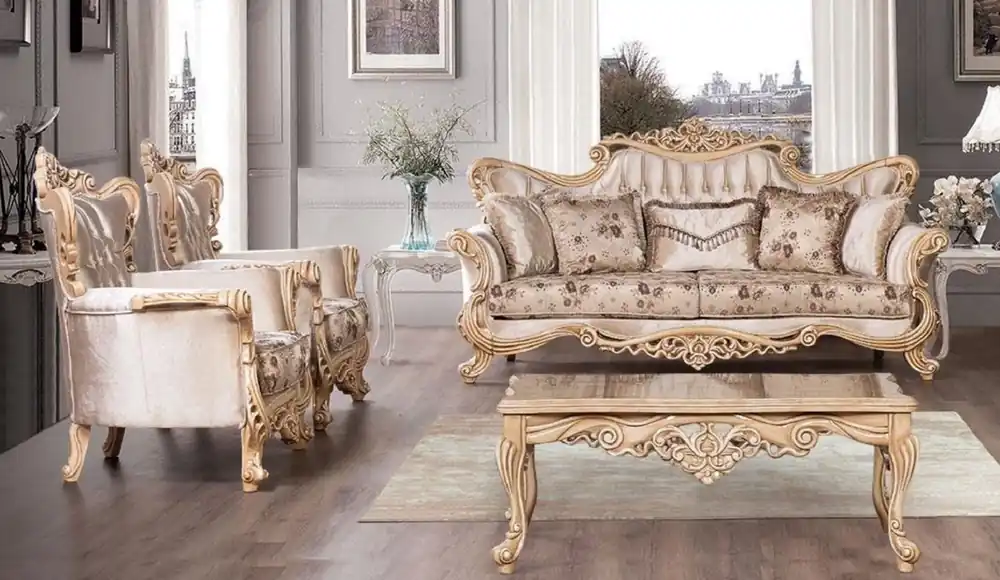 Neuheit Casa Padrino set da soggiorno barocco di lusso beige / marrone / naturale - 2 Divani Barocchi con Motivo e 2 Poltrone Barocche con Motivo e 1 Tavolo da Salotto Barocco - Mobili soggiorno barocco
