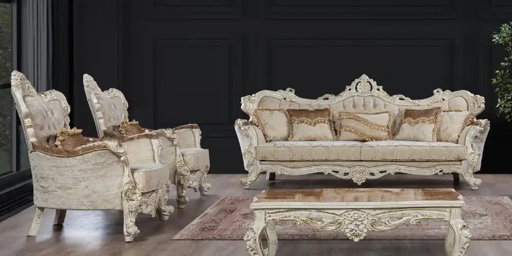 Casa Padrino set da soggiorno barocco di lusso beige / marrone / bianco antico / oro - 2 Divani Barocchi e 2 Poltrone Barocche e 1 Tavolo da Salotto Barocco - Mobili soggiorno barocco Kracherpreis
