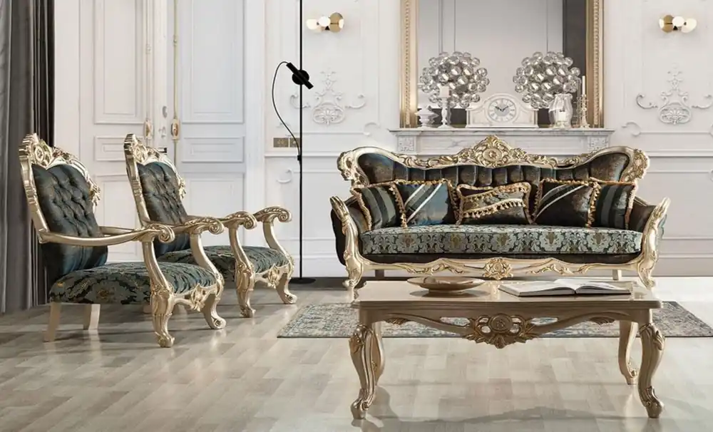 Direktkauf Casa Padrino set da soggiorno barocco di lusso blu scuro / turchese / argento / oro - 2 Divani Barocchi e 2 Poltrone Barocche e 1 Tavolo da Salotto Barocco - Mobili soggiorno barocco