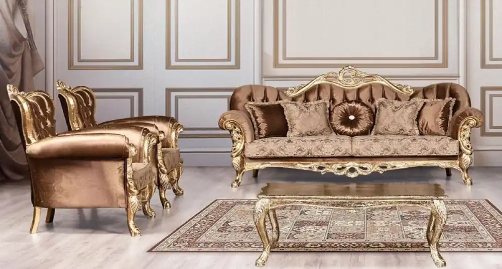 Finale Aktion Casa Padrino set da soggiorno barocco di lusso marrone / oro antico - 2 Divani Barocchi con Motivo e 2 Poltrone Barocche con Motivo e 1 Tavolo da Salotto Barocco - Mobili Barocco