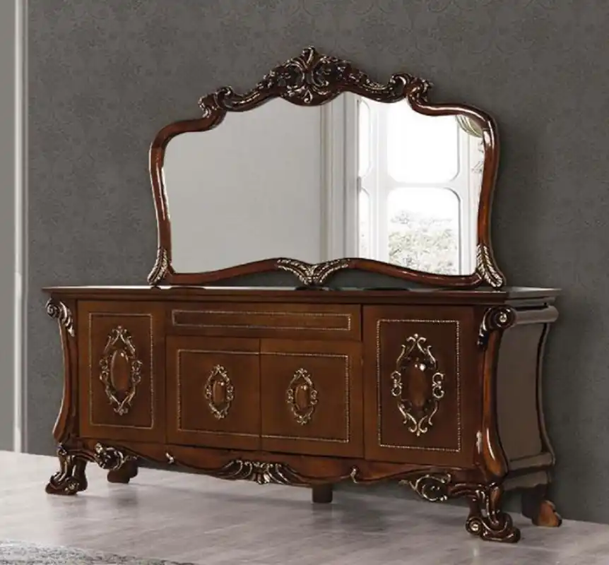 Preisknaller Casa Padrino set di mobili barocco di lusso marrone / oro - 1 Credenza Barocco con 4 Ante e Cassetto e 1 Specchio a Parete Barocco - Mobili Barocchi
